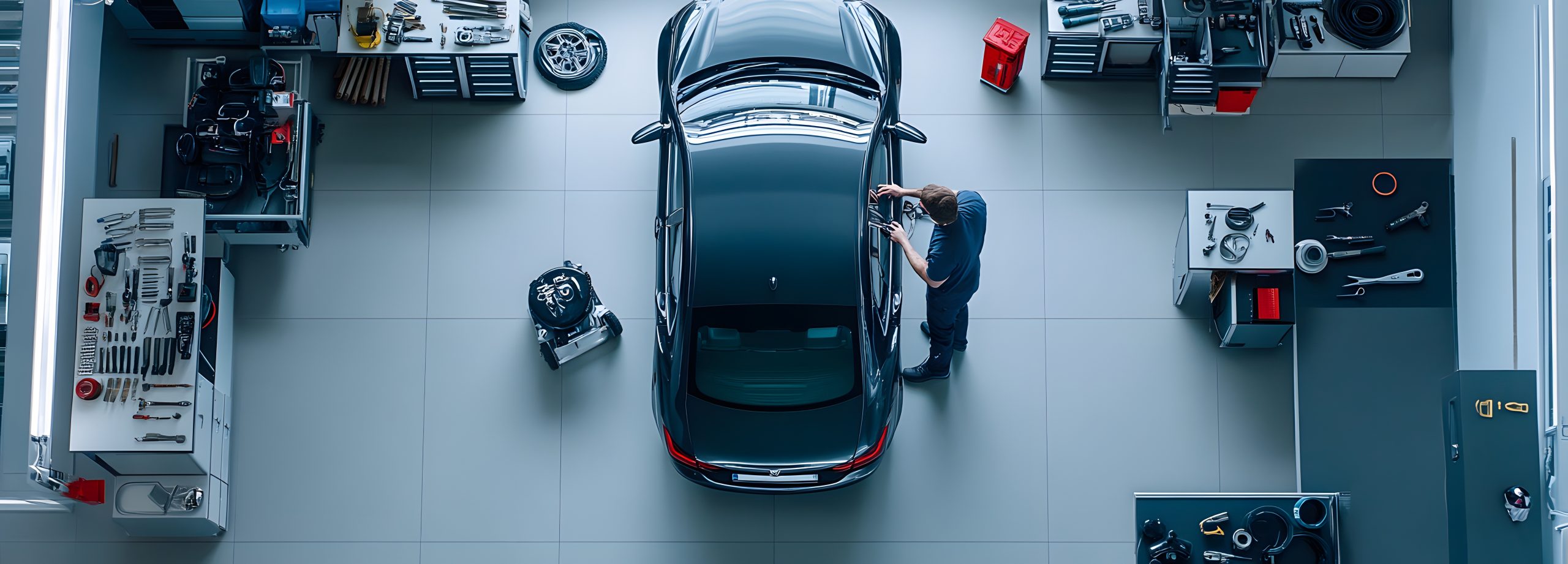 A mechanic working on a car in a well-organized garage, with tools and equipment around.